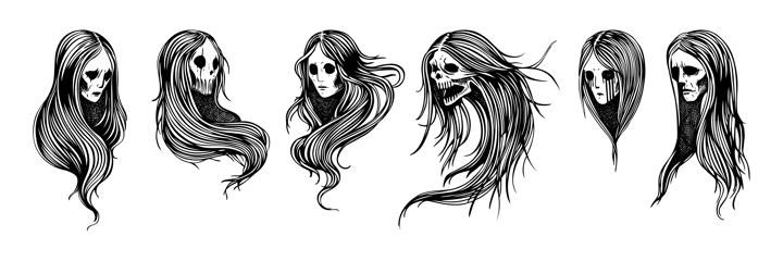 Vintage ghost woman portraits set. Gothic tattoo design. Halloween hand-drawn vector illustration. Witch drawings. NOT AI generated